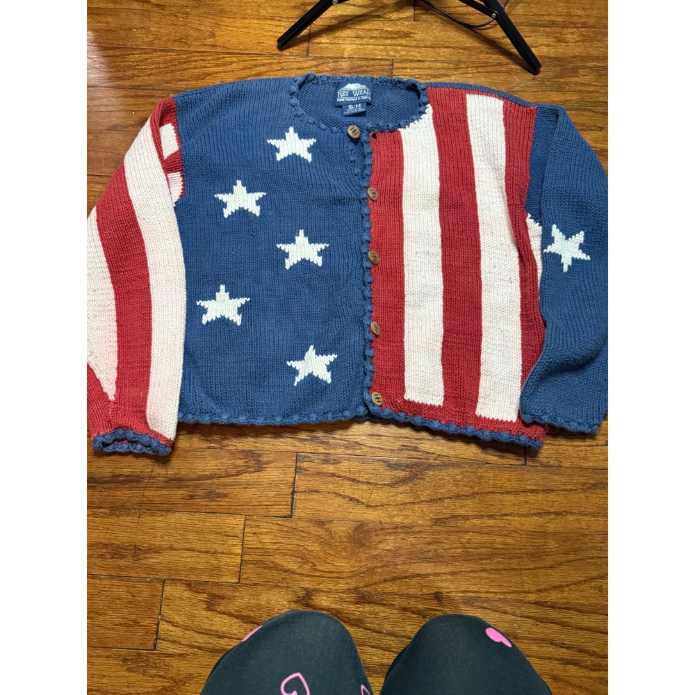 Rey‎ Wear American Flag Heart Hand Knitted Cotton Cardigan Sweater Small Medium